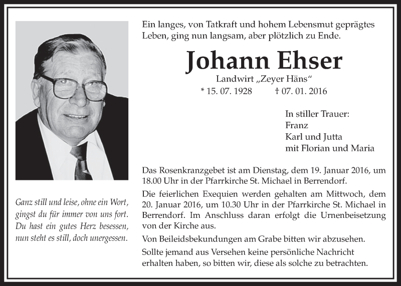  Traueranzeige für Johann Ehser vom 16.01.2016 aus  Sonntags-Post 