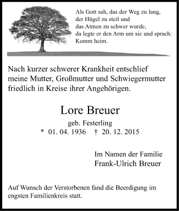 Anzeige von Lore Breuer von Kölner Stadt-Anzeiger / Kölnische Rundschau / Express