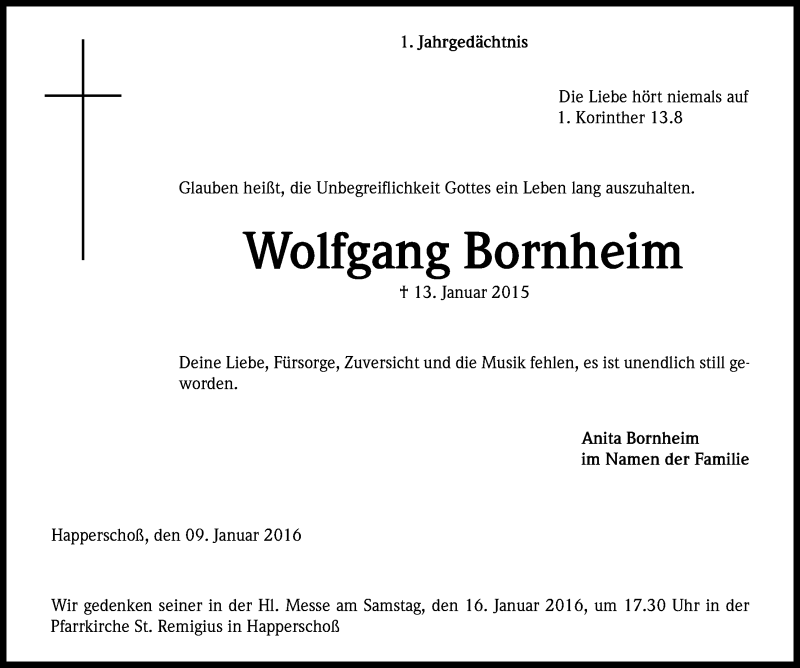  Traueranzeige für Wolfgang Bornheim vom 09.01.2016 aus Kölner Stadt-Anzeiger / Kölnische Rundschau / Express
