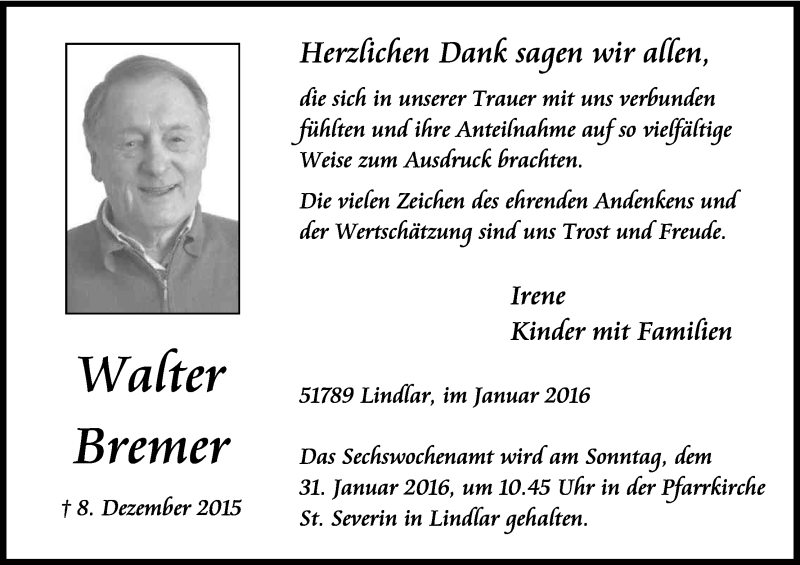  Traueranzeige für Walter Bremer vom 23.01.2016 aus Kölner Stadt-Anzeiger / Kölnische Rundschau / Express