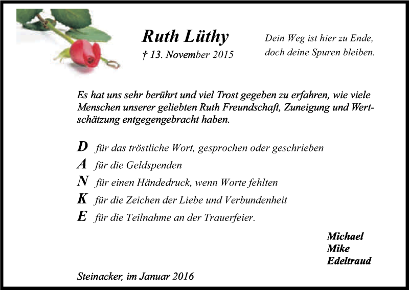  Traueranzeige für Ruth Lüthy vom 16.01.2016 aus Kölner Stadt-Anzeiger / Kölnische Rundschau / Express