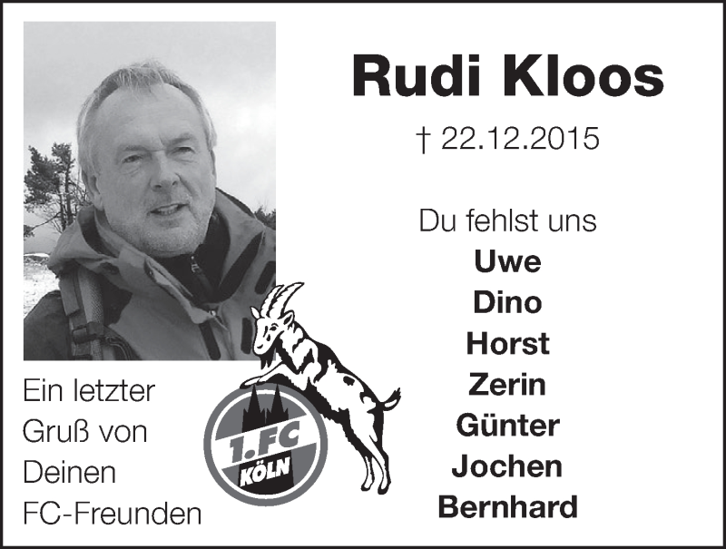 Traueranzeige für Rudi Kloos vom 06.01.2016 aus  Schlossbote/Werbekurier 