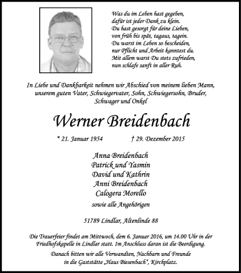 Anzeige von Werner Breidenbach von Kölner Stadt-Anzeiger / Kölnische Rundschau / Express