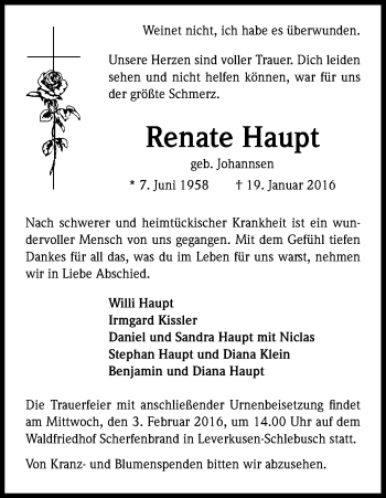 Anzeige von Renate Haupt von Kölner Stadt-Anzeiger / Kölnische Rundschau / Express