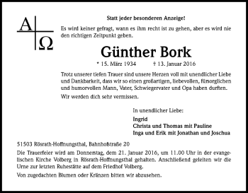 Anzeige von Günther Bork von Kölner Stadt-Anzeiger / Kölnische Rundschau / Express
