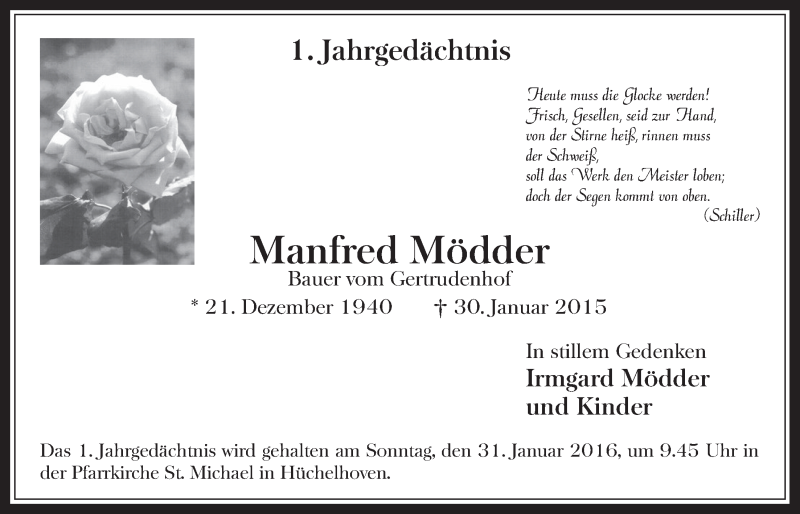  Traueranzeige für Manfred Mödder vom 27.01.2016 aus  Werbepost 