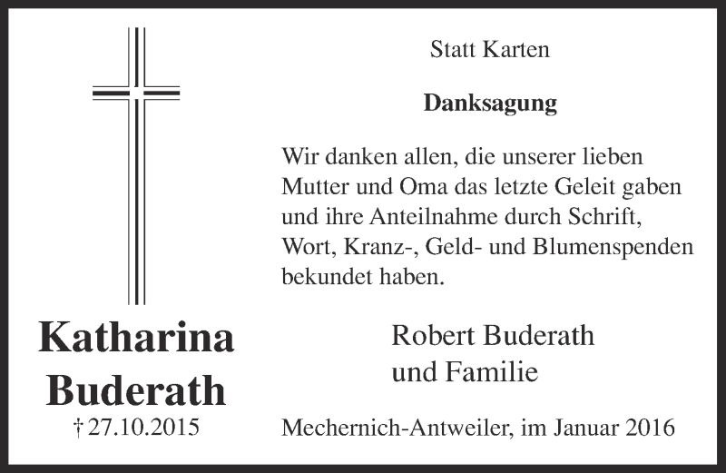  Traueranzeige für Katharina Buderath vom 03.01.2016 aus  Blickpunkt Euskirchen 