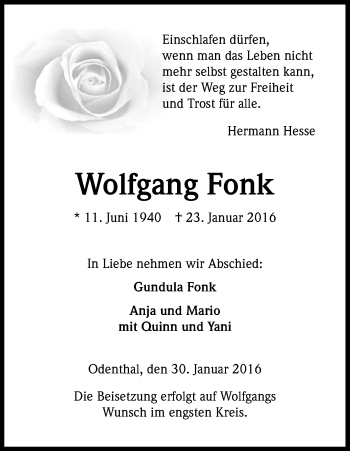 Anzeige von Wolfgang Fonk von Kölner Stadt-Anzeiger / Kölnische Rundschau / Express
