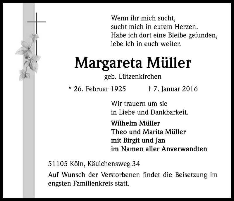  Traueranzeige für Margareta Müller vom 23.01.2016 aus Kölner Stadt-Anzeiger / Kölnische Rundschau / Express