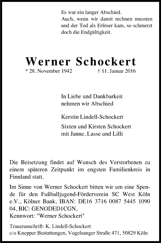  Traueranzeige für Werner Schockert vom 23.01.2016 aus Kölner Stadt-Anzeiger / Kölnische Rundschau / Express