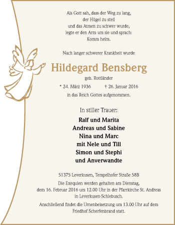 Anzeige von Hildegard Bensberg von Kölner Stadt-Anzeiger / Kölnische Rundschau / Express