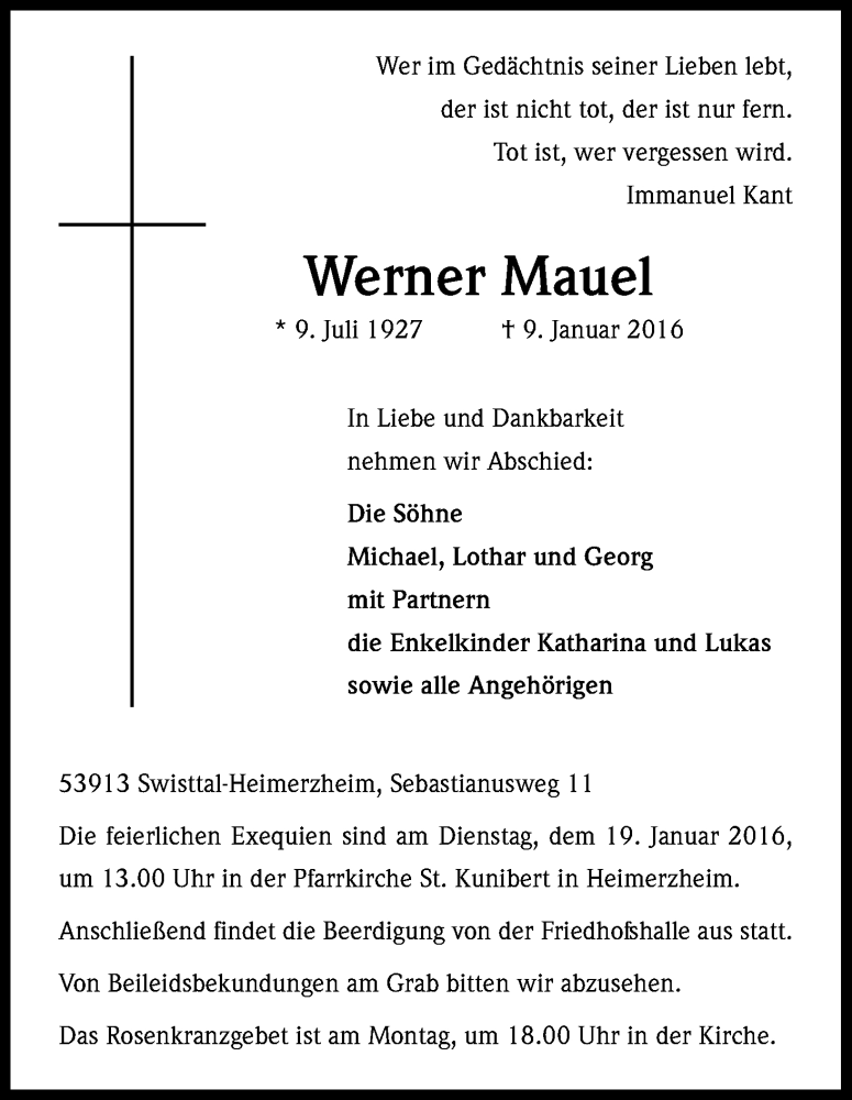  Traueranzeige für Werner Mauel vom 13.01.2016 aus Kölner Stadt-Anzeiger / Kölnische Rundschau / Express