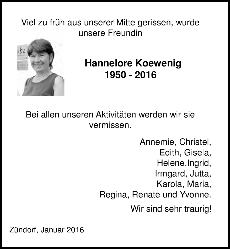  Traueranzeige für Hannelore Koewenig vom 13.01.2016 aus  Kölner Wochenspiegel 