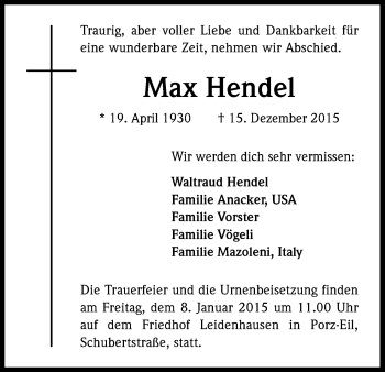 Anzeige von Max Hendel von Kölner Stadt-Anzeiger / Kölnische Rundschau / Express