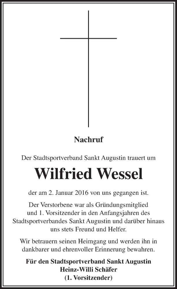  Traueranzeige für Wilfried Wessel vom 13.01.2016 aus  Extra Blatt 