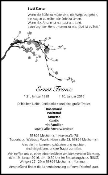 Anzeige von Ernst Franz von Kölner Stadt-Anzeiger / Kölnische Rundschau / Express