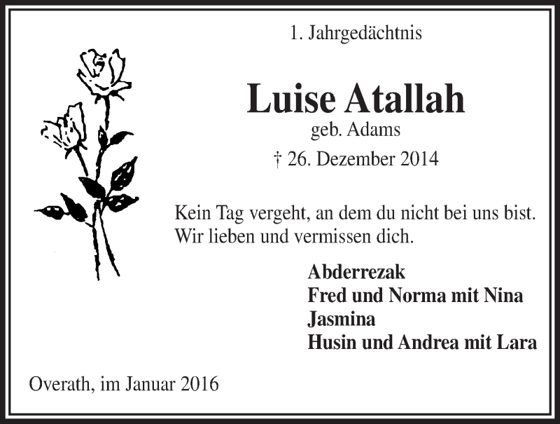  Traueranzeige für Luise Atallah vom 06.01.2016 aus  Bergisches Handelsblatt 