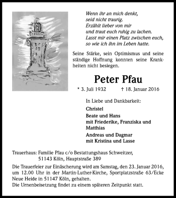 Anzeige von Peter Pfau von Kölner Stadt-Anzeiger / Kölnische Rundschau / Express
