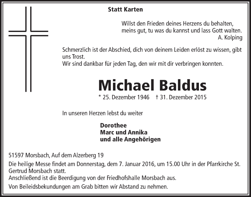  Traueranzeige für Michael Baldus vom 06.01.2016 aus  Lokalanzeiger 