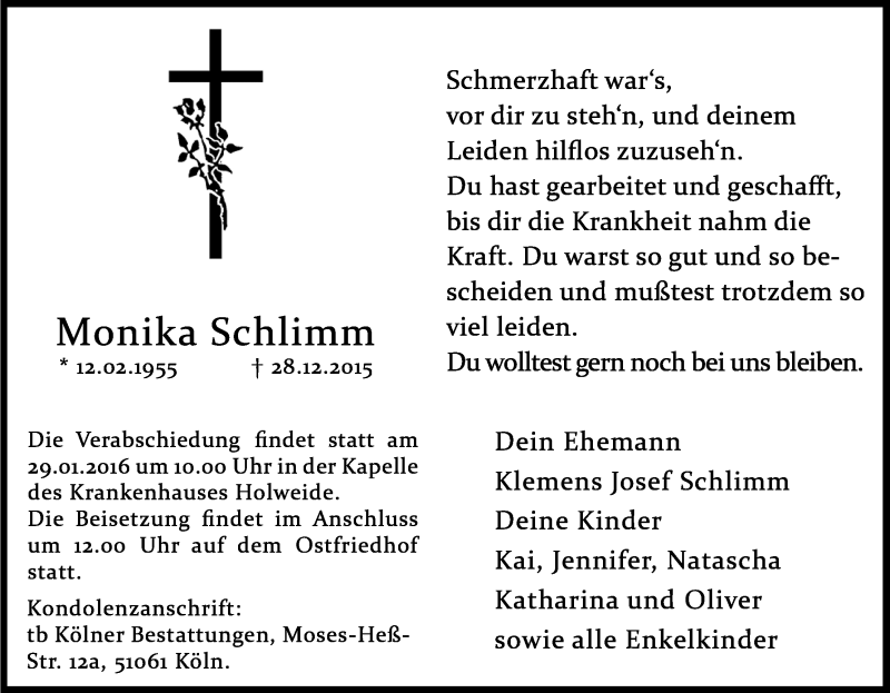  Traueranzeige für Monika Schlimm vom 23.01.2016 aus Kölner Stadt-Anzeiger / Kölnische Rundschau / Express