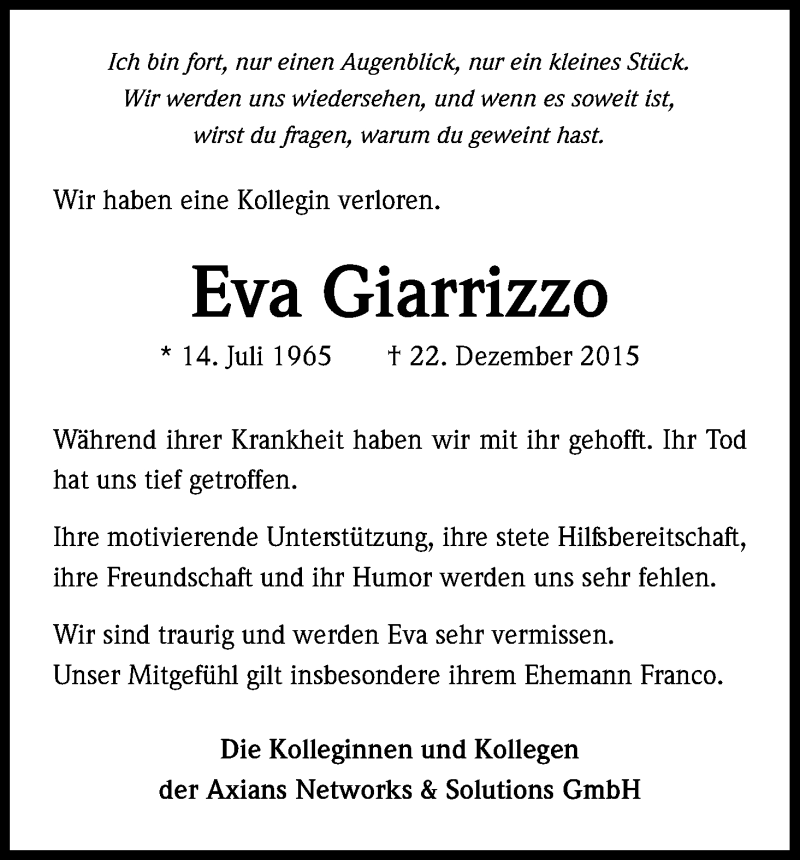  Traueranzeige für Eva Giarrizzo vom 09.01.2016 aus Kölner Stadt-Anzeiger / Kölnische Rundschau / Express