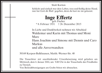 Anzeige von Inge Effertz von  Sonntags-Post 
