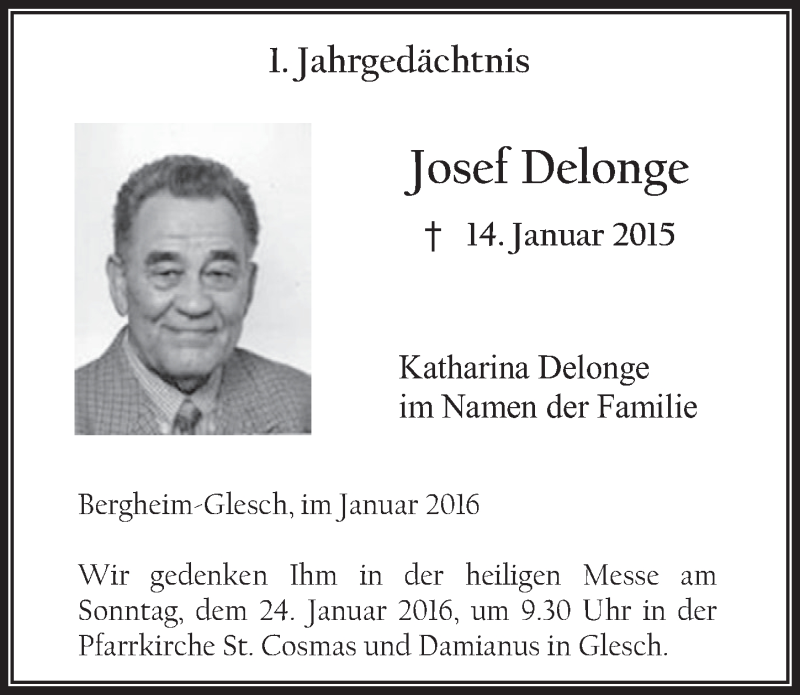  Traueranzeige für Josef Delonge vom 16.01.2016 aus  Sonntags-Post 