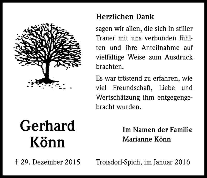  Traueranzeige für Gerhard Könn vom 23.01.2016 aus Kölner Stadt-Anzeiger / Kölnische Rundschau / Express