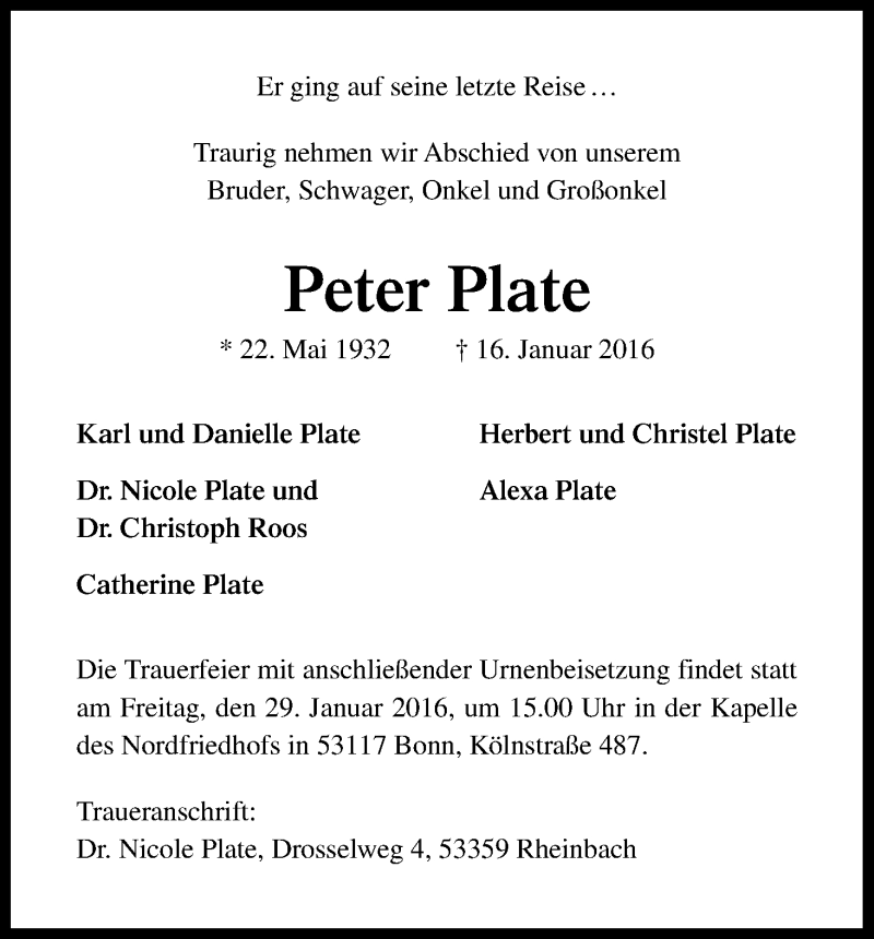  Traueranzeige für Peter Plate vom 23.01.2016 aus Kölner Stadt-Anzeiger / Kölnische Rundschau / Express