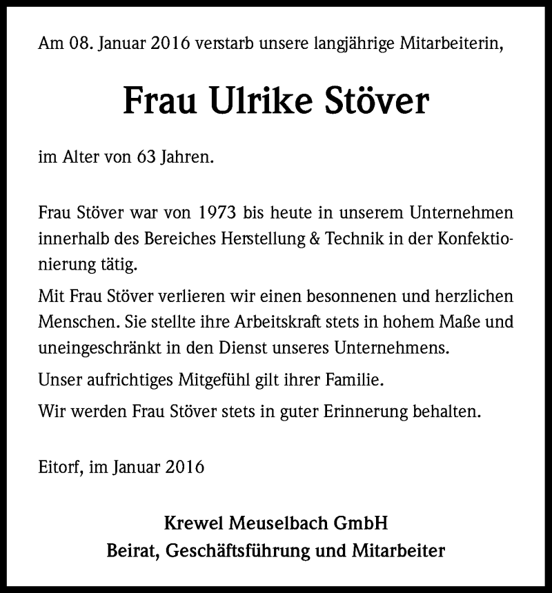  Traueranzeige für Ulrike Stöver vom 14.01.2016 aus Kölner Stadt-Anzeiger / Kölnische Rundschau / Express