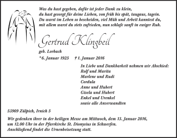 Anzeige von Gertrud Klingbeil von  Blickpunkt Euskirchen 
