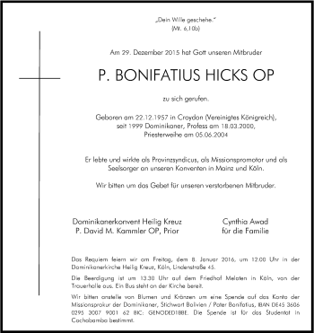 Anzeige von Bonifatius Hicks von Kölner Stadt-Anzeiger / Kölnische Rundschau / Express
