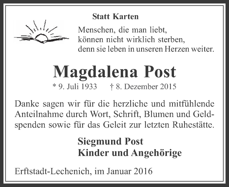  Traueranzeige für Magdalena Post vom 20.01.2016 aus  Werbepost 