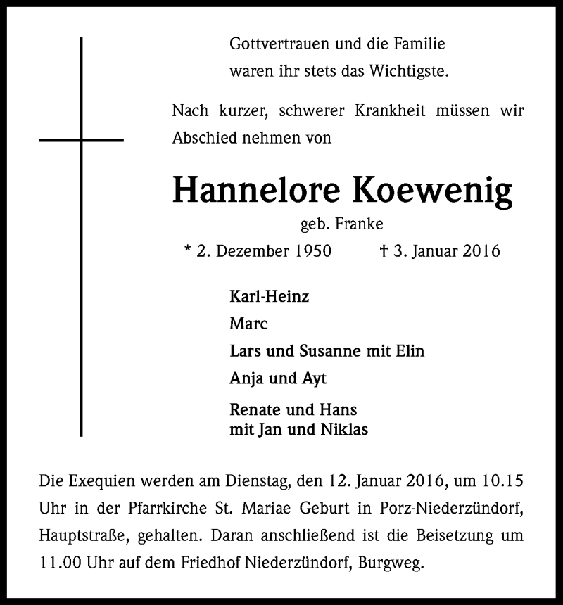  Traueranzeige für Hannelore Koewenig vom 09.01.2016 aus Kölner Stadt-Anzeiger / Kölnische Rundschau / Express