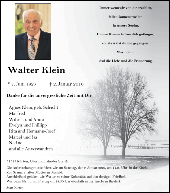 Anzeige von Walter Klein von Kölner Stadt-Anzeiger / Kölnische Rundschau / Express