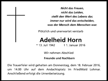 Anzeige von Adelheid Horn von Kölner Stadt-Anzeiger / Kölnische Rundschau / Express