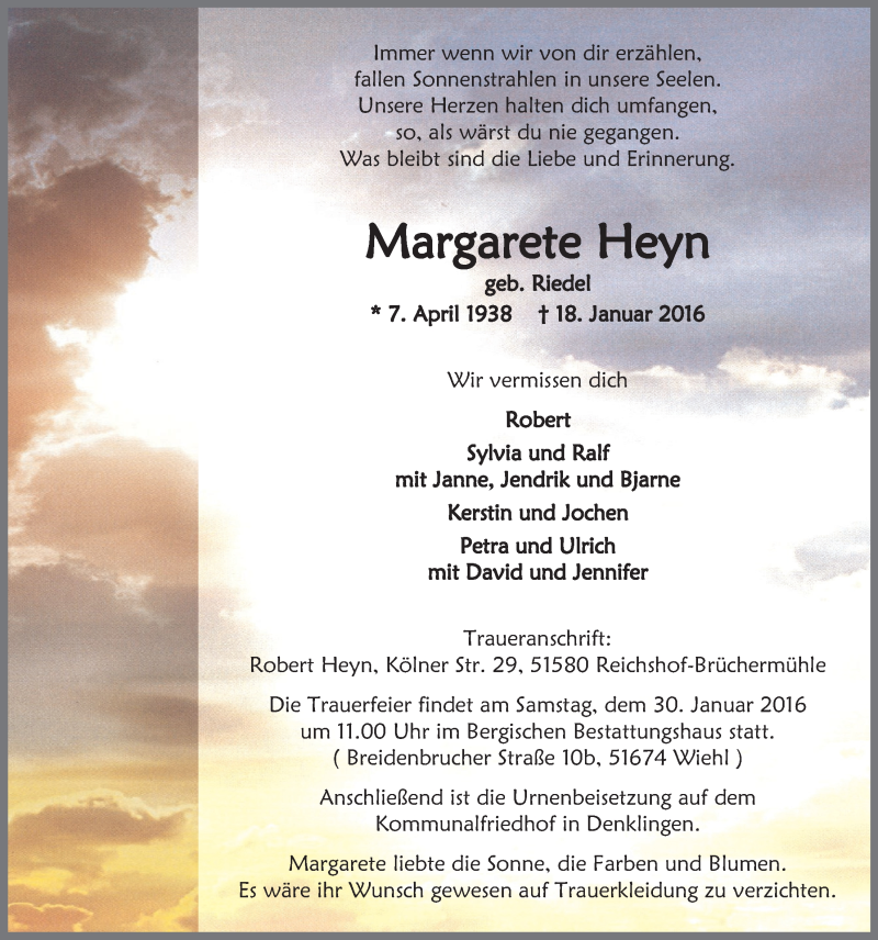  Traueranzeige für Margarete Heyn vom 27.01.2016 aus  Anzeigen Echo  Lokalanzeiger 