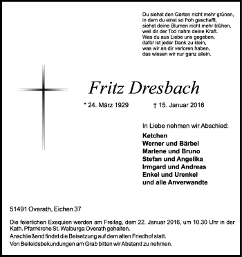 Anzeige von Fritz Dresbach von Kölner Stadt-Anzeiger / Kölnische Rundschau / Express