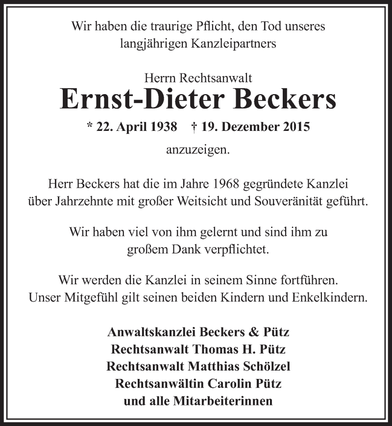  Traueranzeige für Ernst-Dieter Beckers vom 06.01.2016 aus  Wochenende 