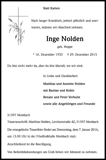 Anzeige von Inge Nolden von Kölner Stadt-Anzeiger / Kölnische Rundschau / Express