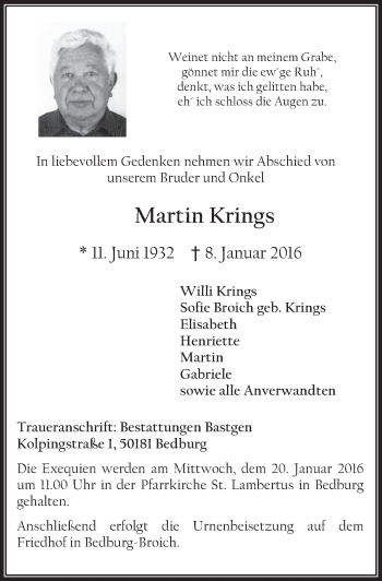 Anzeige von Martin Krings von  Sonntags-Post 