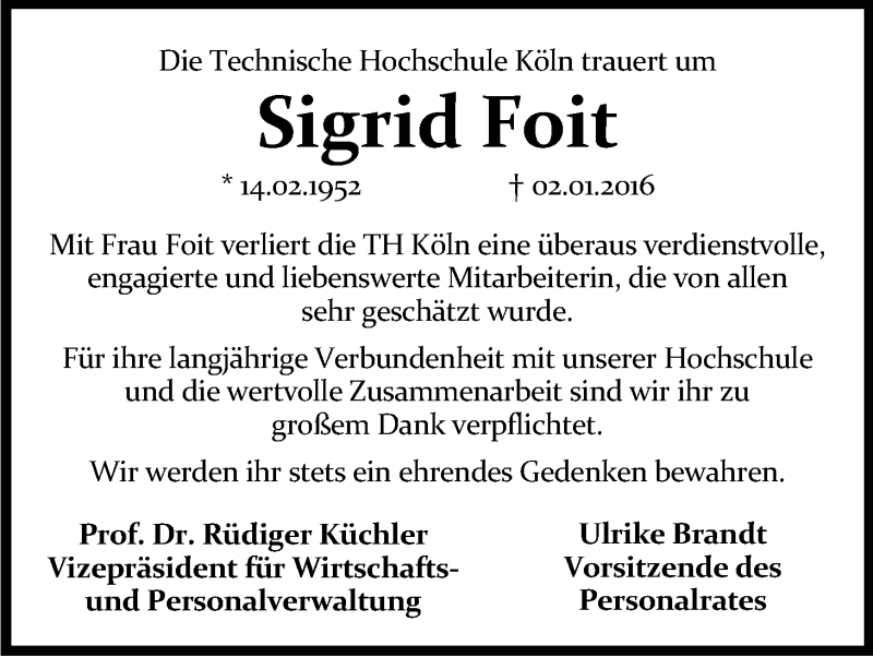  Traueranzeige für Sigrid Foit vom 09.01.2016 aus Kölner Stadt-Anzeiger / Kölnische Rundschau / Express
