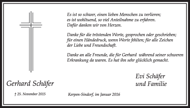  Traueranzeige für Gerhard Schäfer vom 16.01.2016 aus  Sonntags-Post 