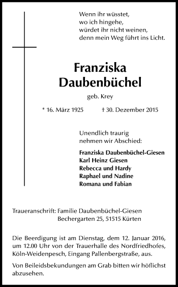 Anzeige von Franziska Daubenbüchel von Kölner Stadt-Anzeiger / Kölnische Rundschau / Express