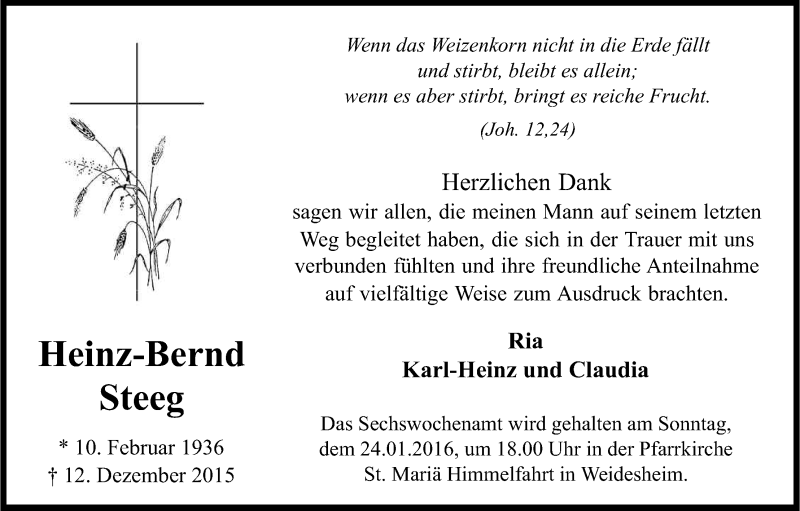  Traueranzeige für Heinz-Bernd Steeg vom 16.01.2016 aus Kölner Stadt-Anzeiger / Kölnische Rundschau / Express