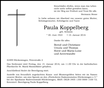 Anzeige von Paula Koppelberg von Kölner Stadt-Anzeiger / Kölnische Rundschau / Express