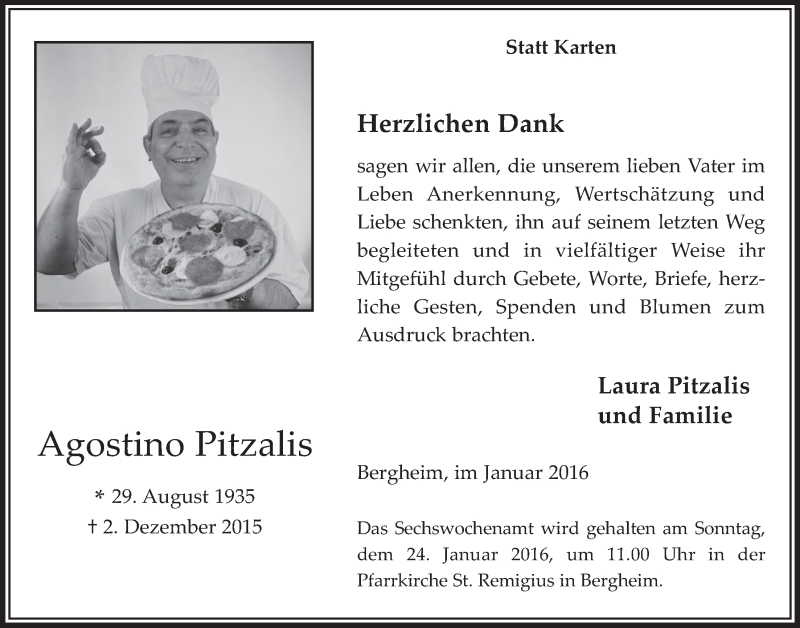  Traueranzeige für Agostino Pitzalis vom 20.01.2016 aus  Werbepost 