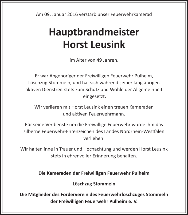  Traueranzeige für Horst Leusink vom 16.01.2016 aus  Sonntags-Post 