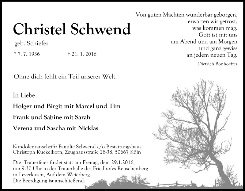  Traueranzeige für Christel Schwend vom 27.01.2016 aus Kölner Stadt-Anzeiger / Kölnische Rundschau / Express