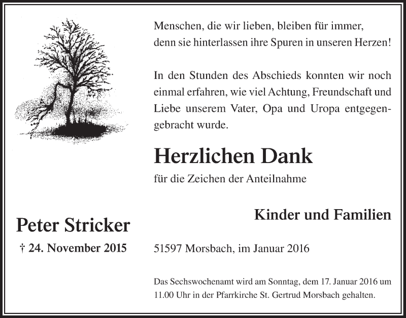  Traueranzeige für Peter Stricker vom 13.01.2016 aus  Lokalanzeiger 